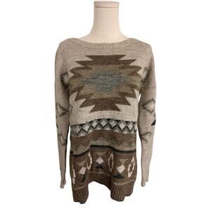 American Eagle Southwestern Aztec Tan Beige Crewneck Sweater Size MEDIUM